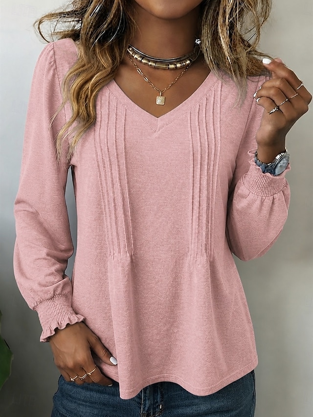 Women's T Shirt Tee Top Basic Classic Trendy Long Sleeve V Neck Regular Tops Casual Daily Blue White Black Pink Purple Spring Fall - Pink