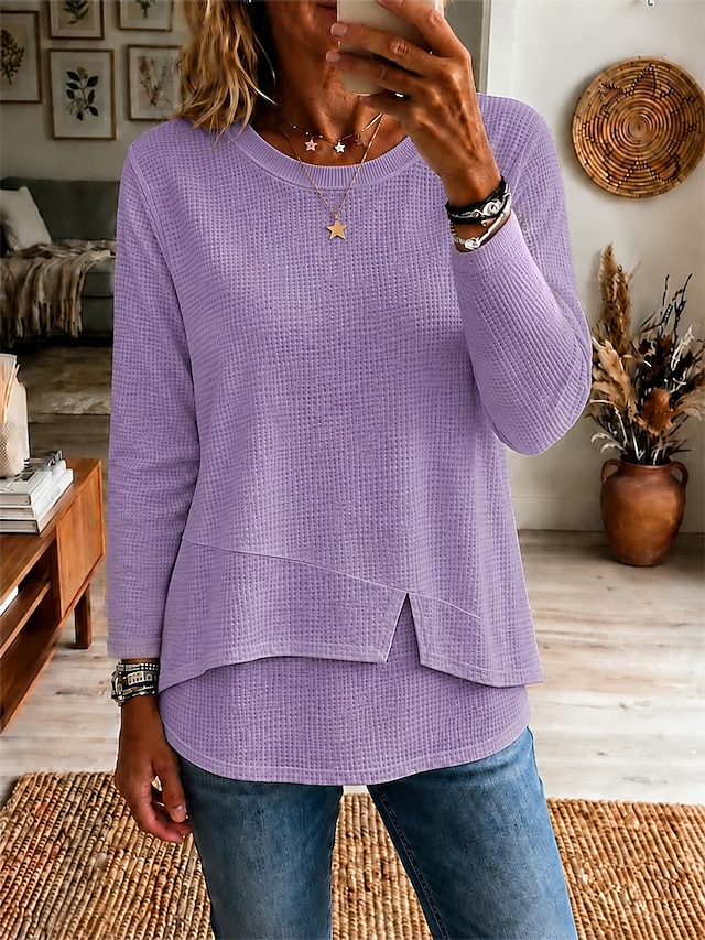 Women's Waffle Knit Long Sleeve 7/8 Sleeve T-Shirt T Shirt White Cotton Top Crew Neck Textured Patchwork Casual Top Longline Shirt Daily White Wine Purple Summer Spring Fall - Purple
