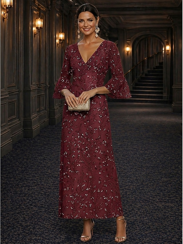A-Line Dress Floor Length Ankle Length Cocktail Dress Mother of the Bride Dress Long Sleeve V Neck Elegant Luxurious Sparkle & Shine Formal Wedding Guest Semi Formal Lace with Beading Sequin - Burgundy