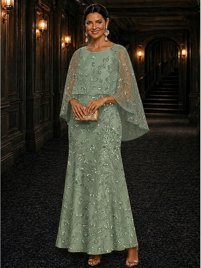 A-Line Dress Floor Length Ankle Length Cocktail Dress Mother of the Bride Dress Long Sleeve Scoop Neck Elegant Luxurious Sparkle & Shine Formal Wedding Guest Semi Formal Lace with Beading Sequin - Dusty Sage