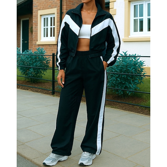 Women's Tracksuit Sweatpants Track Pants Zipper Pocket Solid Colored Clothing Suit Spring Fall White Black Gym Running Training Windproof Long Sleeve Sport Activewear Micro-elastic Regular - Black