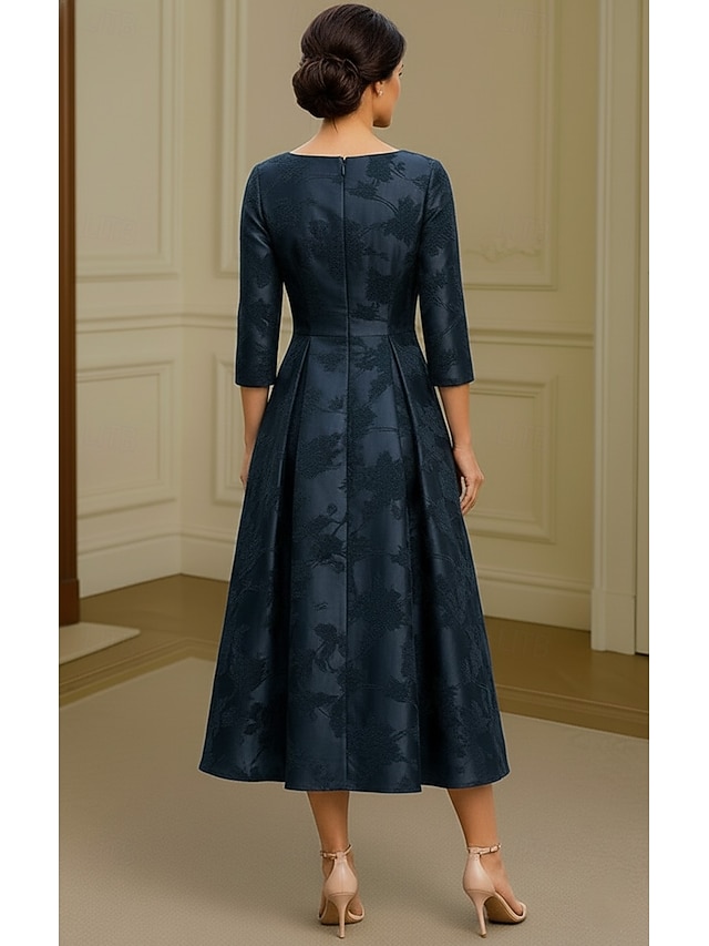A-Line Dress Floor Length Tea Length Cocktail Dress Mother of the Bride Dress 3/4 Length Sleeve Crew Neck V Neck Elegant Simple Casual Formal Wedding Guest Semi Formal Satin Jacquard with Pleats - Dark Navy