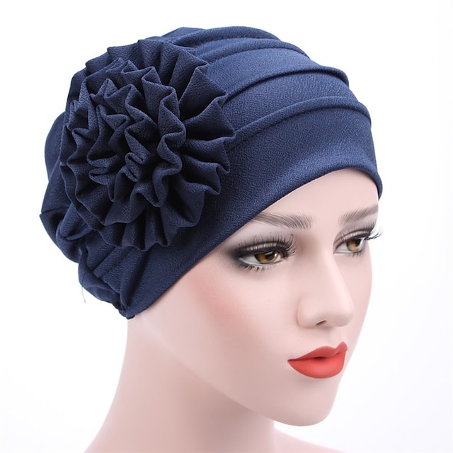 Women's Hats Spring Summer Plain Color Floral Beanie Hat Muslim Stretch Turban Hat Cap Hair Loss Headwear Hijab Cap - Dark Navy