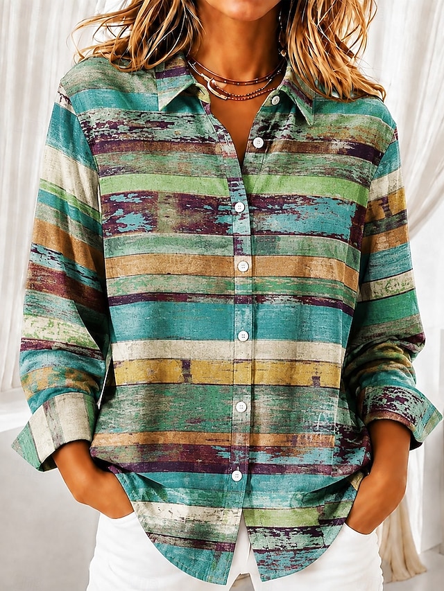 Women's Shirt Blouse Patchwork Buttons Print Ombre Floral Graphic Bohemia Vacation Vintage Long Sleeve Shirt Collar Regular Tops Casual Daily Blue Red Green Summer Spring Fall - Green