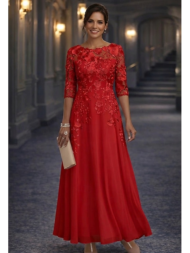 A-Line Floor Length Lace Dress Mother of the Bride Dress Long Sleeve Crew Neck Illusion Neck Elegant Vintage Formal Wedding Guest Wedding Party Chiffon Lace with Floral Print 3D Flowers Embroidery - Red