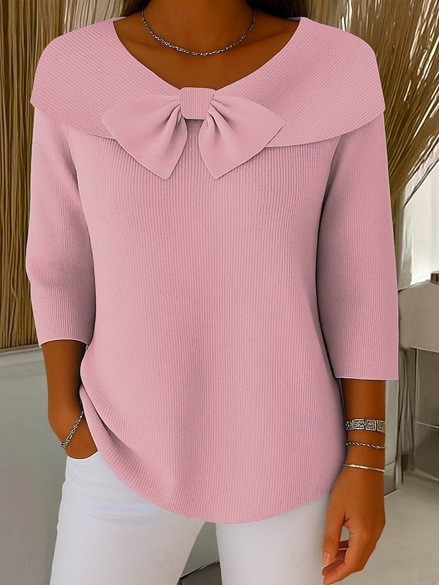Women's Sweater Elegant Casual Soft Pure Color Ribbed Boat Neck Knitted Long Sleeve Regular Tops Knit Outdoor Daily Weekend Black Pink Spring Fall - Pink