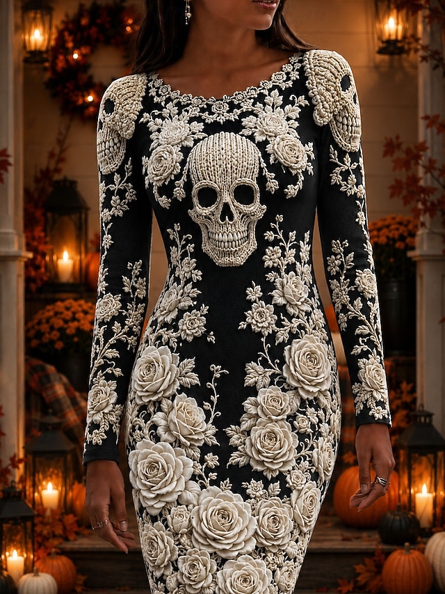 Halloween Women's Mini Dress T Shirt Dress Tee Dress Bodycon Dress Vacation Casual Party Slim Long Sleeve Crew Neck Round Neck White Black Wine Red Spring Fall Winter - Black