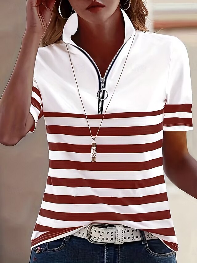 Women's T Shirt Zipper Quarter Zip Striped Graphic Geometric Color Block Vintage Tropical Hawaiian Short Sleeve High Neck Regular Tops Beach Wedding Casual Daily Blue Black Red Navy Blue Camel Summer - Red