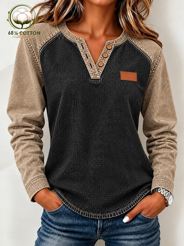 Women's Denim Blouse Denim Shirt Solid Color Active Vacation Vintage Long Sleeve Polo Collar Regular Tops Casual Daily Holiday Blue Black Purple Spring Fall Winter - Black