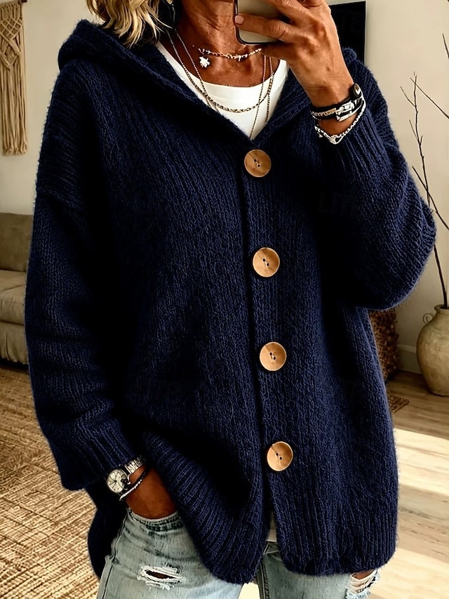 Women's Cardigan Sweater Elegant Vintage Fashion Solid Color Hooded Buttons Long Sleeve Long Tops Knit Daily Home Holiday Khaki Black Spring Fall - Dark Blue