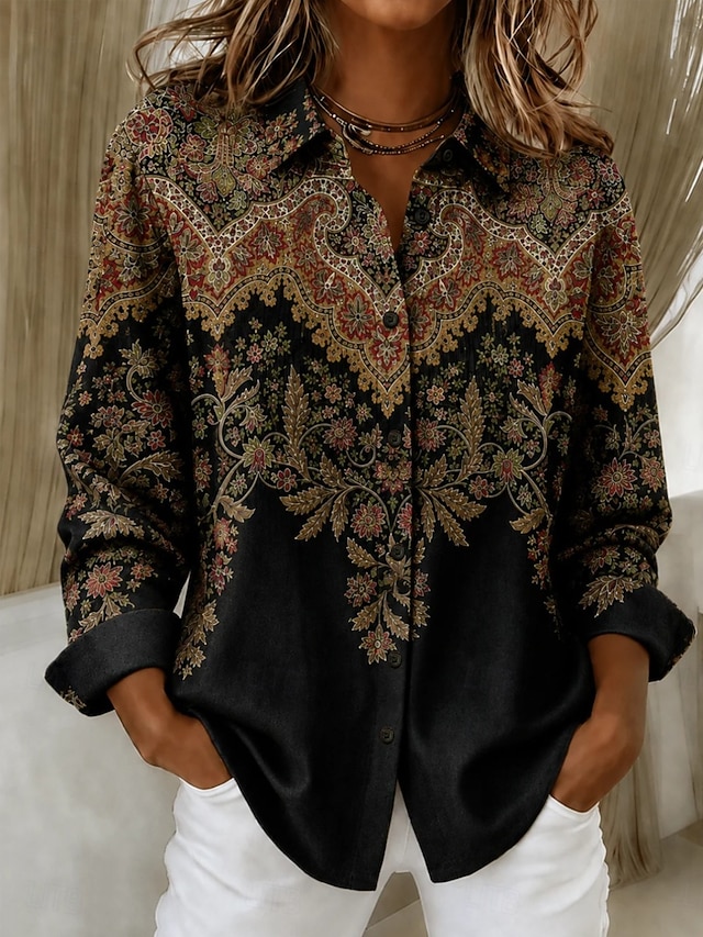 Women's Shirt Buttons Print Graphic Paisley Vintage Stylish Modern Long Sleeve Shirt Collar Regular Tops Casual Daily Blue Black Spring Fall Winter - Black