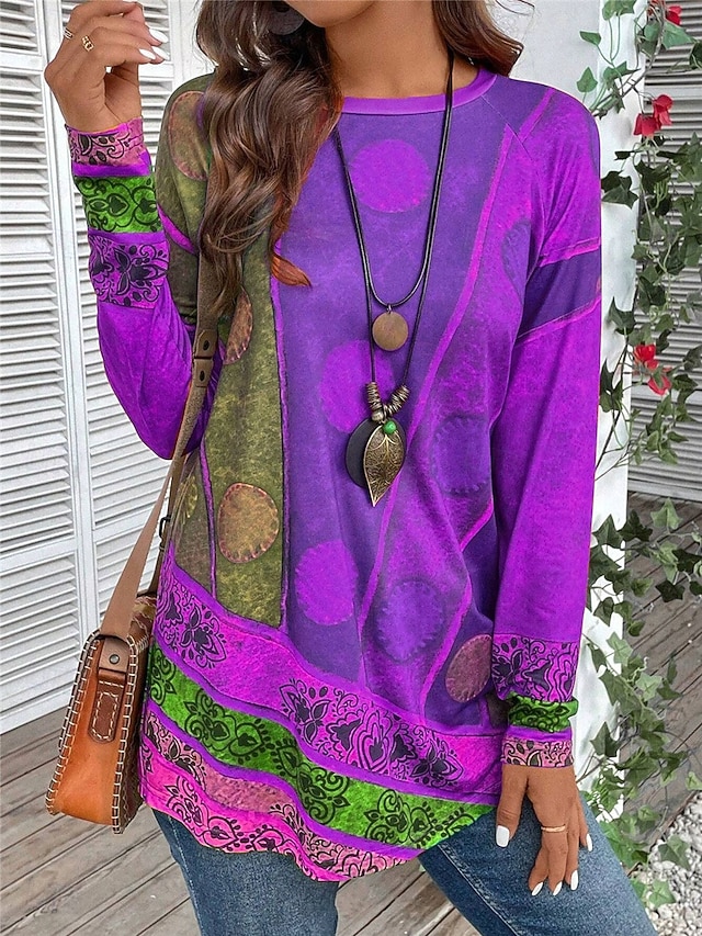 Women's T shirt Long Sleeve Vintage Ethnic Casual Print Long Sleeve Long Tops Crew Neck Daily Red Purple Green Fall Winter Prefall - Purple