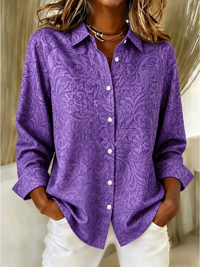 Women's Shirt Blouse Print Graphic Paisley Abstract Elegant Stylish Classic Long Sleeve Shirt Collar Regular Tops Casual Work Blue Purple Orange Spring Fall Winter - Purple