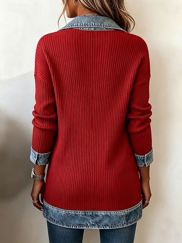 Women's Blazer Corduroy Jacket Casual Jacket Windproof Warm Jacquard Vintage Fashion Daily Casual Color Block Casual Regular Peaked Lapel Regular Long Sleeve Outerwear White Black Red Spring Fall - Red