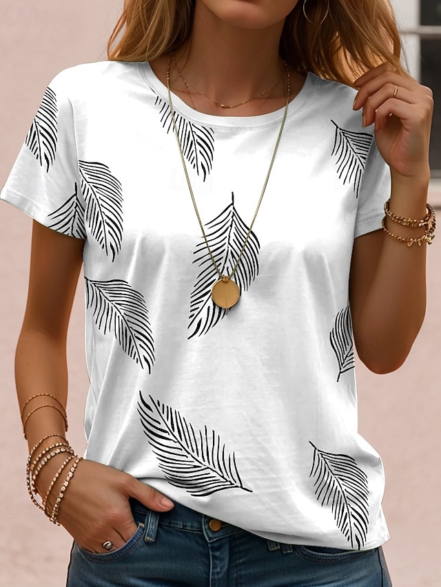 Women's T Shirt Print Floral Casual Short Sleeve Round Neck Regular Tops Daily White Yellow Pink Purple Green Summer - White