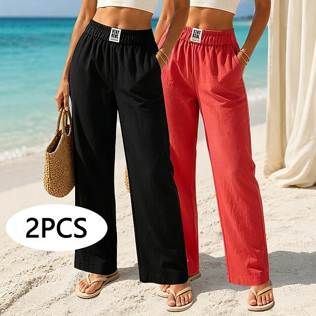 Multi Packs 2pcs Women's Cotton Linen Pants Trousers Casual Pants Summer Pants Vacation Fashion Streetwear Full Length High Waist Plain Pocket Elastic Waist Comfort Breathability Comfortable - Black+Red