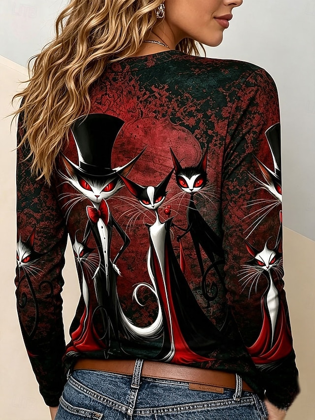 Halloween Women's Vampire Cat Family T Shirt Red Eyes Top Hat Gothic Cartoon Graphic Long Sleeve Crew Neck Casual Top Black Red - Red