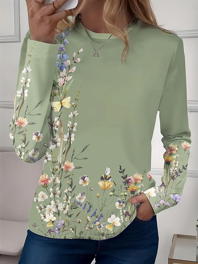 Women's T shirt Long Sleeve Crew Neck Long Sleeve Tunic Floral Casual Regular Tops Daily Print Sage Green Pink Blue Sky Blue Purple Spring Fall Prefall - Sage Green