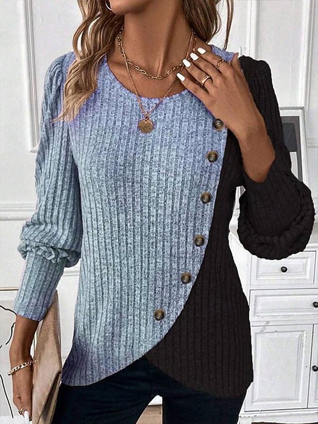 Women's Blouse Knit Shirts Patchwork Buttons Geometric Color Block Tropical Stylish Casual Long Sleeve Crew Neck Regular Tops Daily Pink Sky Blue Gray Spring Fall Winter - Sky Blue