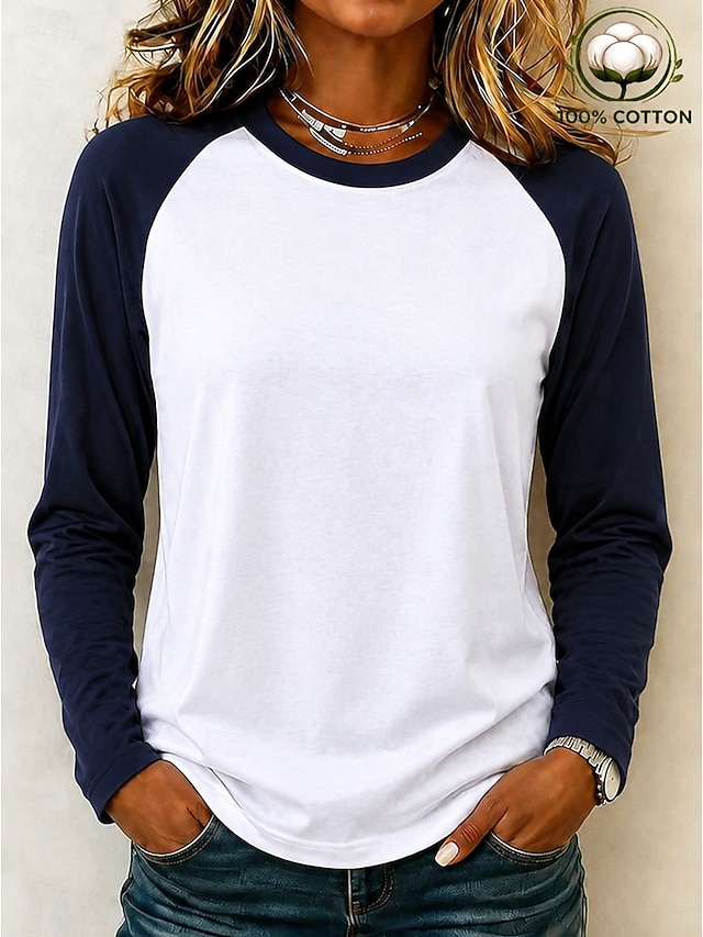 Women's Shirt 100% Cotton Stylish Casual Beach Long Sleeve Crew Neck Regular Tops Casual Blue Black Brown Green Spring Fall Winter - Blue