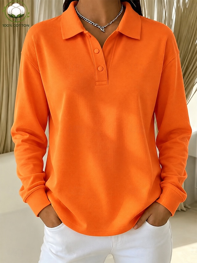 Women's 100% Cotton T Shirt Chest Buttons Plain Vintage Stylish Classic Long Sleeve Shirt Collar Polo Collar Long Tops Casual Daily Blue White Black Pink Red Spring Fall Winter - Orange