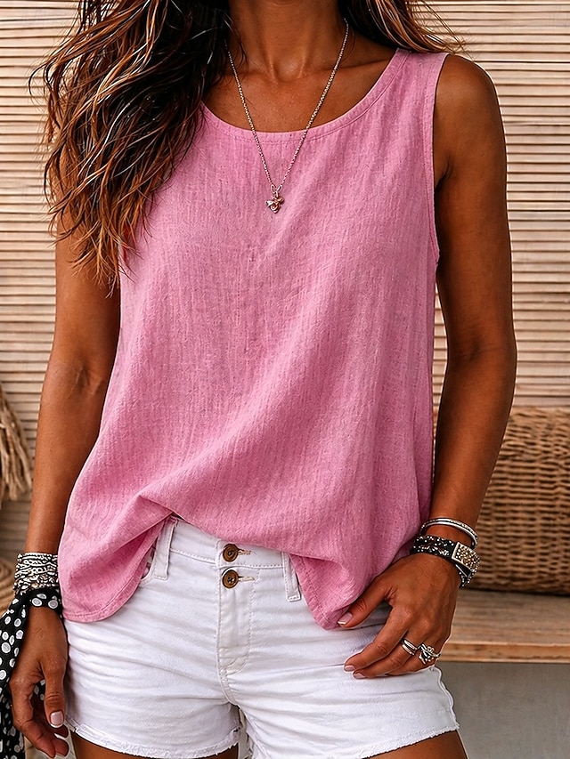Women's Vintage Cozy 100%Cotton Washed Round Neck Sleeveless Tank Top Casual Black White Sky Blue Orange Violet Summer Spring - Pink
