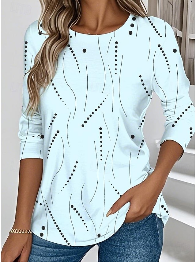 Women's T shirt Long Sleeve Crew Neck Long Sleeve Tunic Graphic Geometric Elegant Vintage Stylish Regular Tops Daily Print Yellow Pink Blue Prefall - Blue