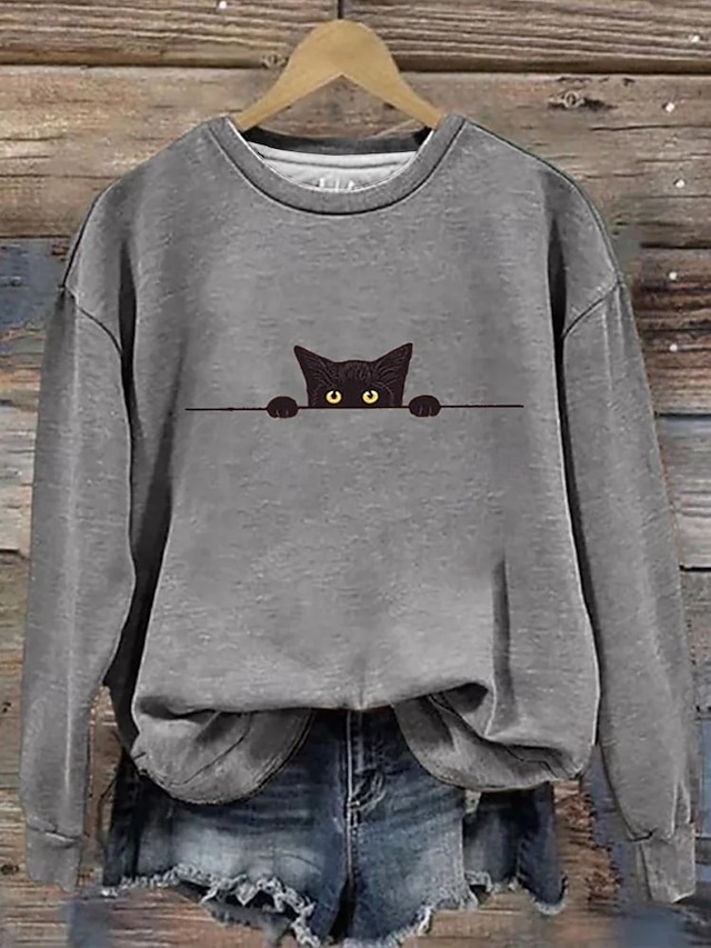 Halloween Women's Pullover Sweatshirt Black Cat Graphic Animal Cat Fashion Casual Long Sleeve Crew Neck Regular Tops Street Dailywear Casual Print White Pink Orange Beige Gray Fall Winter - Gray