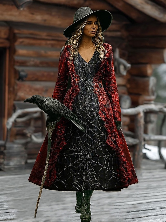 Halloween Women's Spider Web Print Maxi Dress Gothic Baroque Graphic A Line V Neck Long Sleeve Witch Costume Party Dress Black Dark Red - Wine