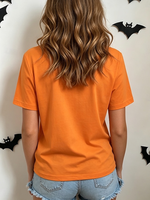 Halloween Women's T Shirt Print Graphic Pumpkin Vintage Stylish Classic Short Sleeve Crew Neck Regular Tops Casual Daily Weekend Black Wine Orange Green Fall Winter - Orange