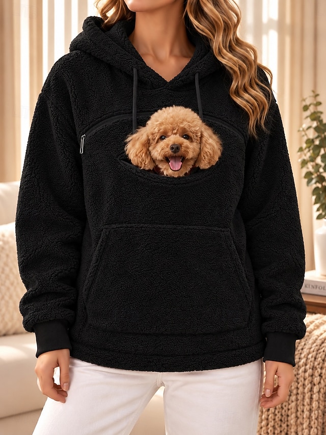 Women's Pet Carrier Hoodie Pet Pouch Hoodie Fleece Drawstring Zip Up Pocket Plain Casual Long Sleeve Hooded High Neck Regular Tops Blue White Ash Black Pink Fall Winter - Black