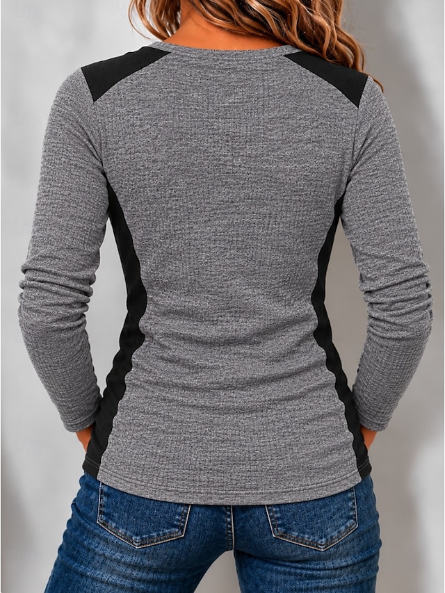 Women's Tunic Patchwork Pocket Vintage Stylish Classic Long Sleeve Henley Regular Tops Casual Daily Going out Gray Spring Fall Winter - Gray