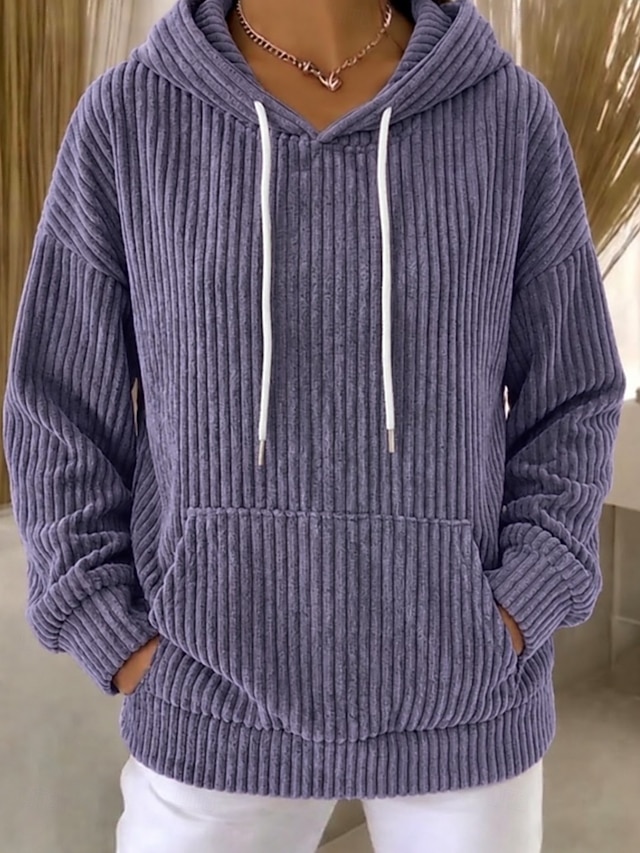 Women's Corduroy Tops Pullover Hoodie Sweatshirt Pocket Plain Warm Active Vintage Long Sleeve Hooded Regular Tops Casual Home Street Blue Purple Fall Winter - Purple