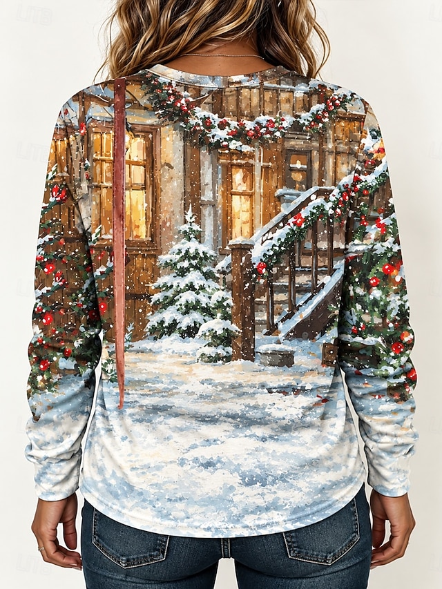 Christmas Women's T Shirt Print Graphic Santa Claus Vintage Fashion Stylish Long Sleeve Crew Neck Regular Tops Casual Daily Weekend Khaki Black Red Beige Spring Fall Winter - Khaki