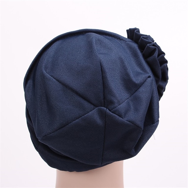 Women's Hats Spring Summer Plain Color Floral Beanie Hat Muslim Stretch Turban Hat Cap Hair Loss Headwear Hijab Cap - Dark Navy