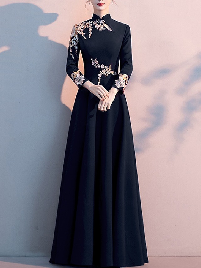 A-Line Mother of the Bride Dress Elegant Simple High Neck Floor Length Stretch Fabric Long Sleeve with Pleats Appliques free custom size - Dark Navy