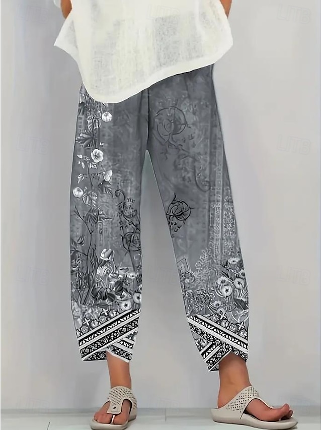 Women's Wide Leg Chinos Baggy Pants Beach Shorts Vacation Vintage Ethnic Style Ankle-Length High Waist Floral Graphic Printing Thermal Warm Soft Breathable Micro-elastic Casual Daily Vacation Ash - Ash