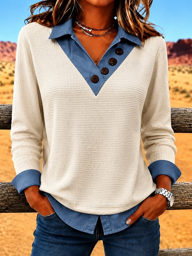 Women's Waffle Polo Shirts Bohemia Active Vacation Long Sleeve Long Tops Casual Daily Holiday Blue Pink Beige Spring Fall Winter - Beige