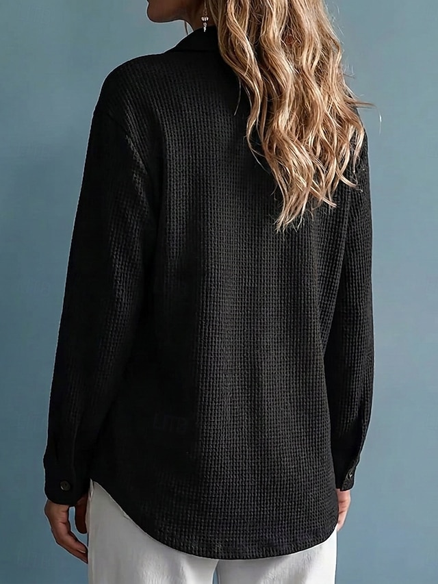 Women's Casual Vintage Waffle Knit Shirt Texture Buttons Long Sleeve Turndown Long Tops Black Yellow Burgundy Summer Fall - Black