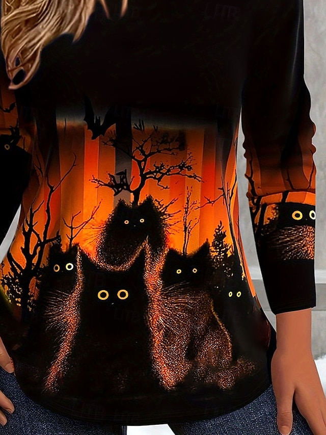 Halloween Women's Black Cat Spooky Forest Graphic T Shirt Glowing Eyes Bat Print Long Sleeve Crew Neck Casual Top Black Orange - Orange
