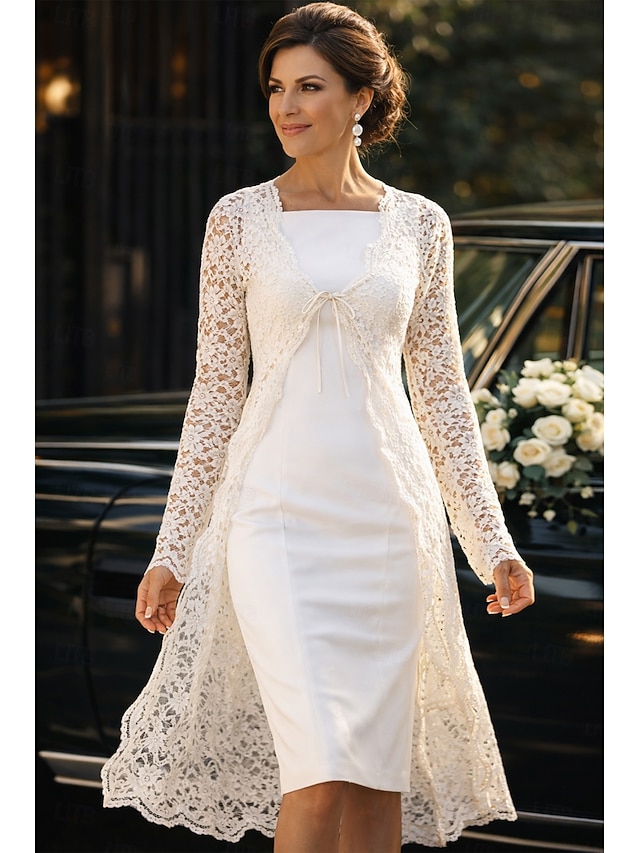 Two Piece Sheath Column Tea Length Wedding Guest Dress Mother of the Bride Dress Sleeveless Square Neck Elegant Wedding Guest Wedding Party Church Chiffon Lace Jacket Dresses with Lace Solid Color - Ivory