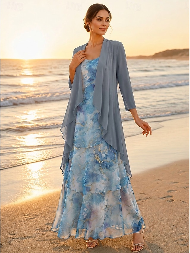 Two Piece A-Line Floor Length Wedding Guest Dress Mother of the Bride Dress 3/4 Length Sleeve Scoop Neck Elegant Simple Minimalist Formal Semi Formal Foiled Chiffon with Floral Print Ruffles - Dusty Blue