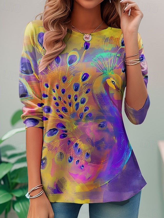 Women's T shirt Long Sleeve Crew Neck Long Sleeve Tunic Casual Print Regular Tops Daily Rainbow Spring Fall Prefall - Purple