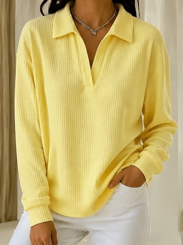 Women's Waffle Shirt Tunic Casual Shirt Texture Vacation Casual Casual Daily Work Blue Grass Green Yellow Red Violet Fall Winter - Yellow