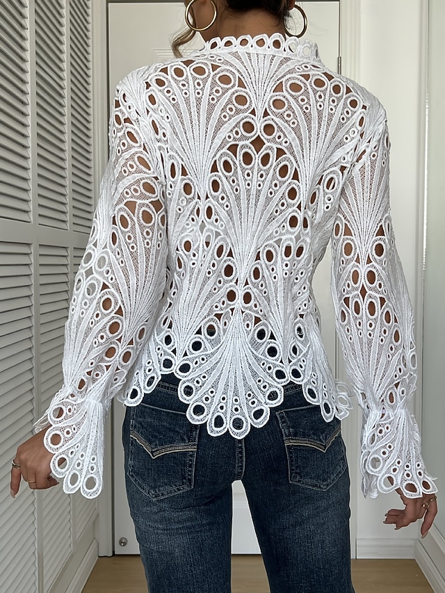 Women's Blouse Lace Solid Color Vintage Stylish Basic Long Sleeve High Neck Regular Tops Casual Daily Party Blue White Black Yellow Pink Summer Spring - White