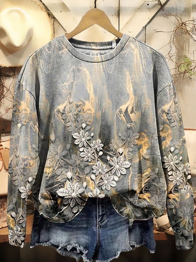 Women's Pullover Sweatshirt Print Floral Graphic Casual Long Sleeve Crew Neck Regular Tops Casual Street Dailywear Blue Black Pink Orange Gray Spring Fall Winter - Gray