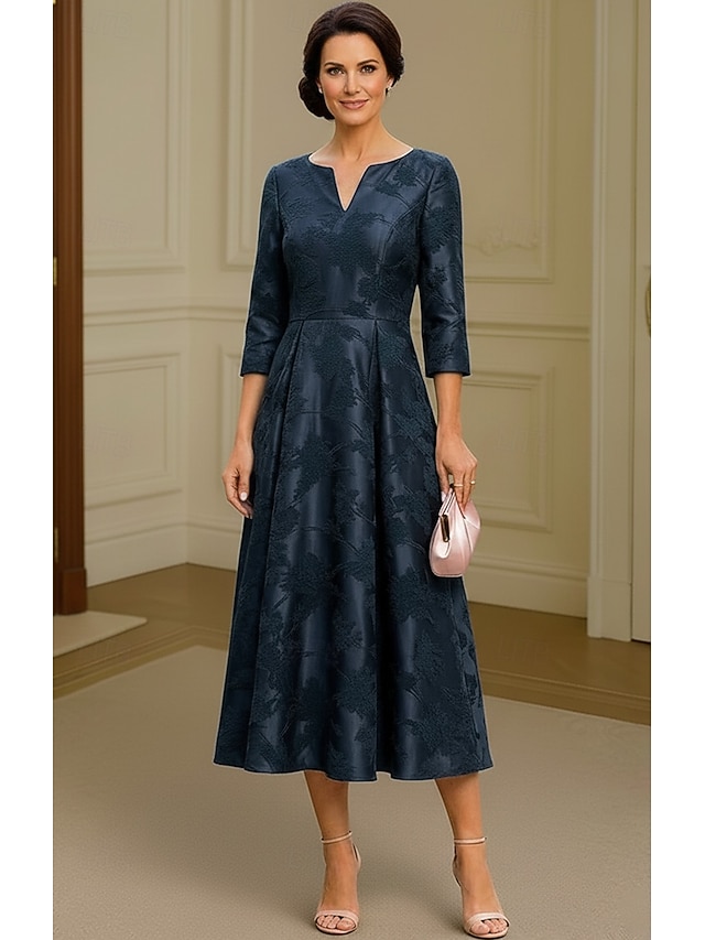 A-Line Dress Floor Length Tea Length Cocktail Dress Mother of the Bride Dress 3/4 Length Sleeve Crew Neck V Neck Elegant Simple Casual Formal Wedding Guest Semi Formal Satin Jacquard with Pleats - Dark Navy