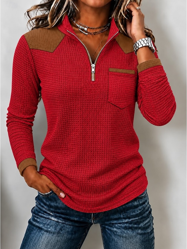 Women's Waffle Polo Shirts Bohemia Active Vacation Long Sleeve Polo Collar Regular Tops Casual Daily Holiday White Yellow Summer Spring Fall Winter - Yellow