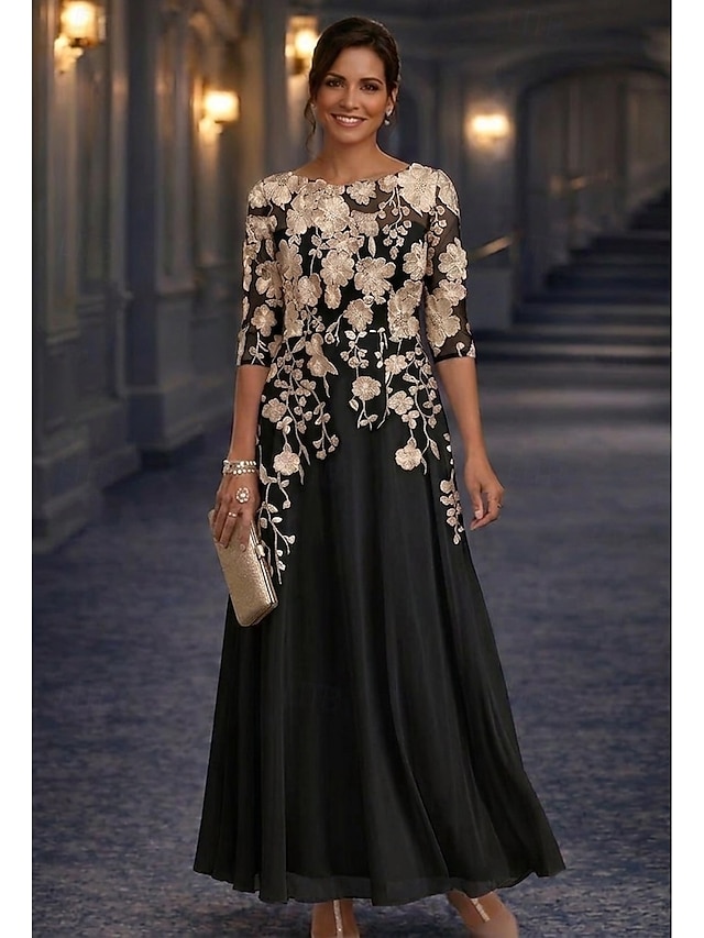 A-Line Floor Length Lace Dress Mother of the Bride Dress Long Sleeve Crew Neck Illusion Neck Elegant Vintage Formal Wedding Guest Wedding Party Chiffon Lace with Floral Print 3D Flowers Embroidery - Apricot
