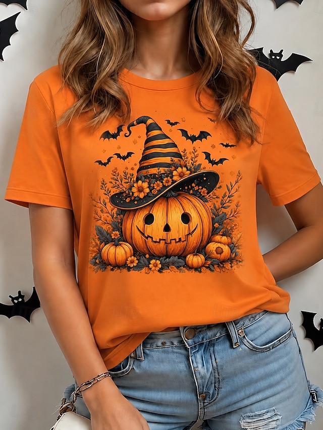 Halloween Women's T Shirt Print Graphic Pumpkin Vintage Stylish Classic Short Sleeve Crew Neck Regular Tops Casual Daily Weekend Black Wine Orange Green Fall Winter - Orange